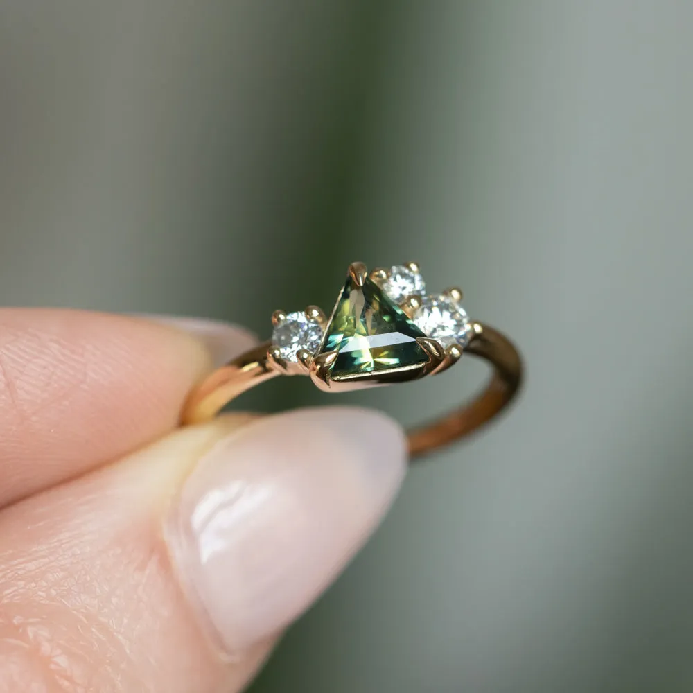 0.83ct Trillion Australian Parti Untreated Sapphire and Natural Diamond Mountainscape Ring in 14k Yellow Gold