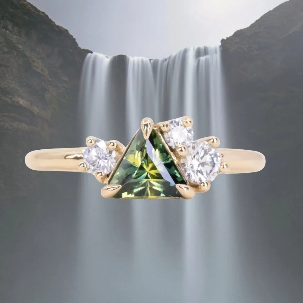 0.83ct Trillion Australian Parti Untreated Sapphire and Natural Diamond Mountainscape Ring in 14k Yellow Gold