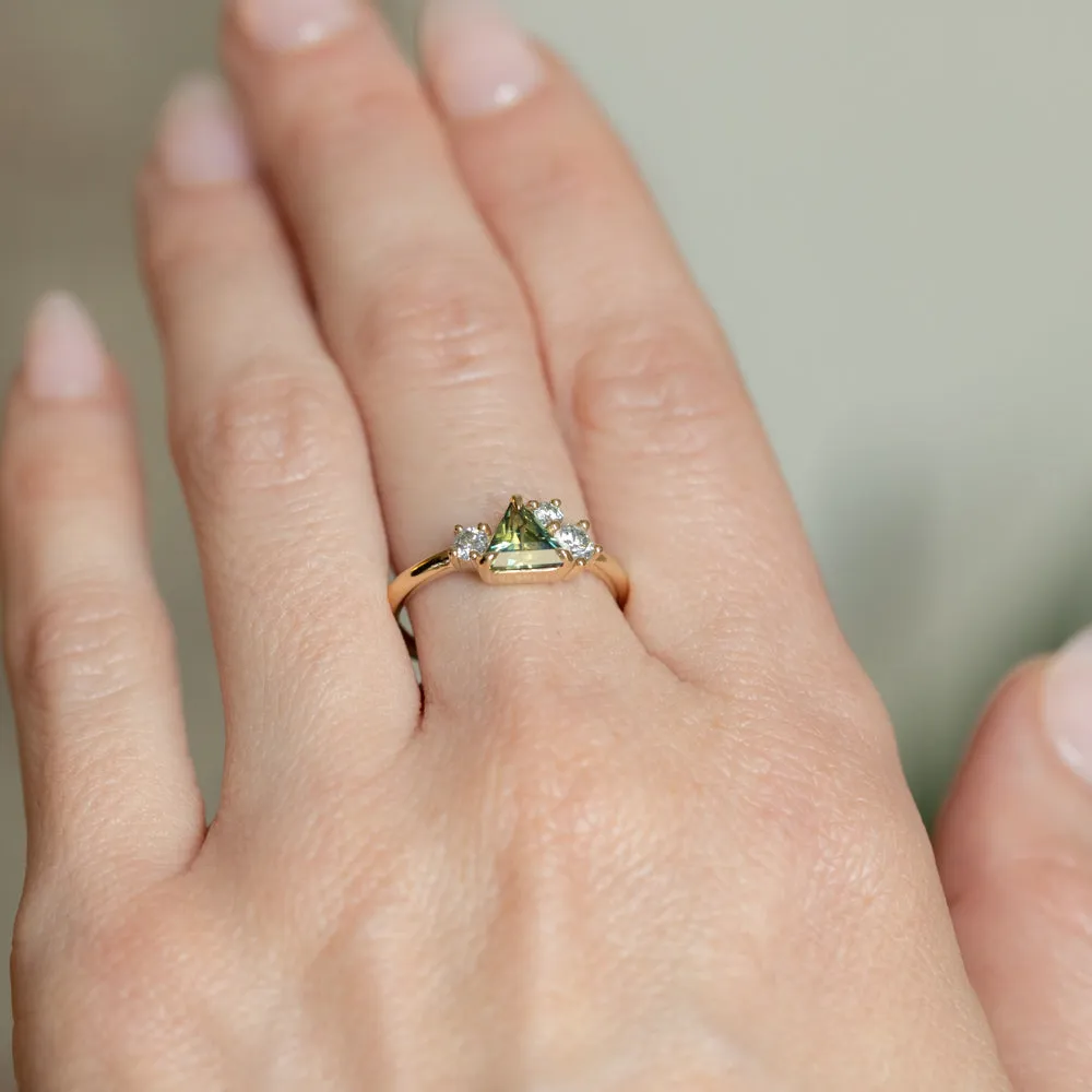 0.83ct Trillion Australian Parti Untreated Sapphire and Natural Diamond Mountainscape Ring in 14k Yellow Gold