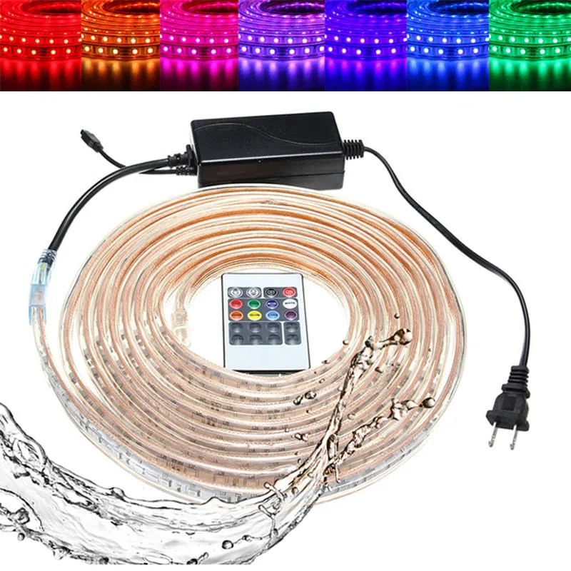 10/15M SMD5050 LED RGB Flexible Rope Outdoor Waterproof Strip Light   Plug   Remote Control AC110V
