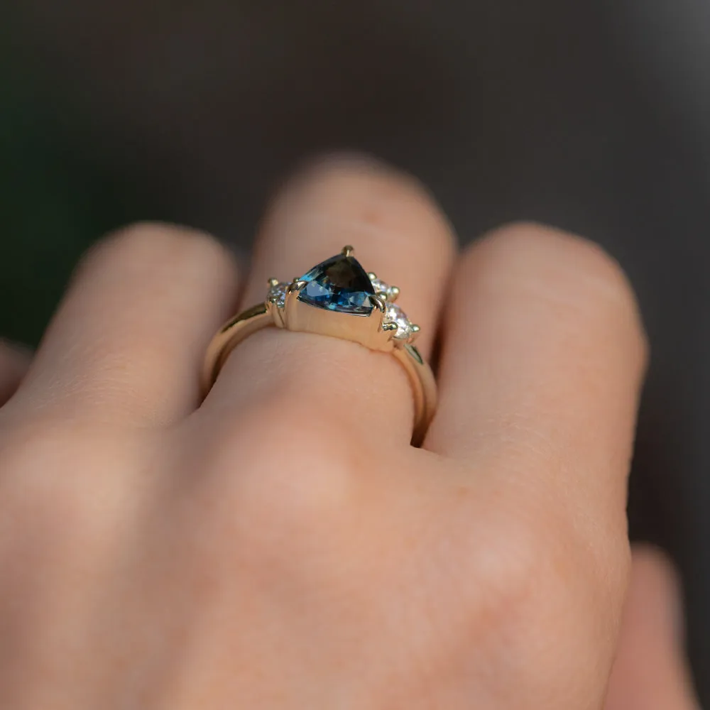 1.16ct Trillion Ocean Blue Sapphire and Natural Diamond Mountainscape Ring in 14k Green Gold