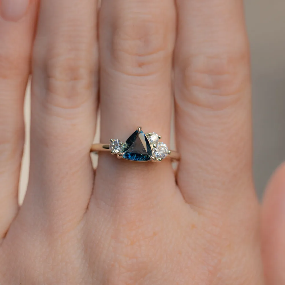 1.16ct Trillion Ocean Blue Sapphire and Natural Diamond Mountainscape Ring in 14k Green Gold