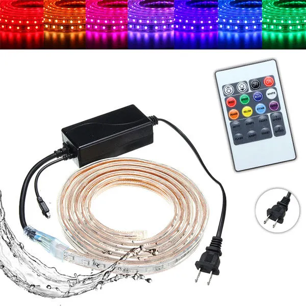 1/2/3/5M SMD5050 LED RGB Flexible Rope Outdoor Waterproof Strip Light   Plug   Remote Control AC110V