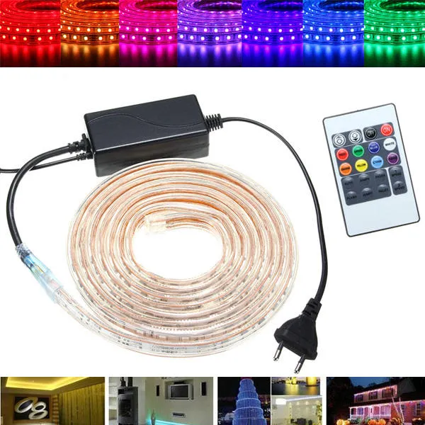 1/2/3/5M SMD5050 LED RGB Flexible Rope Outdoor Waterproof Strip Light   Plug   Remote Control AC220V