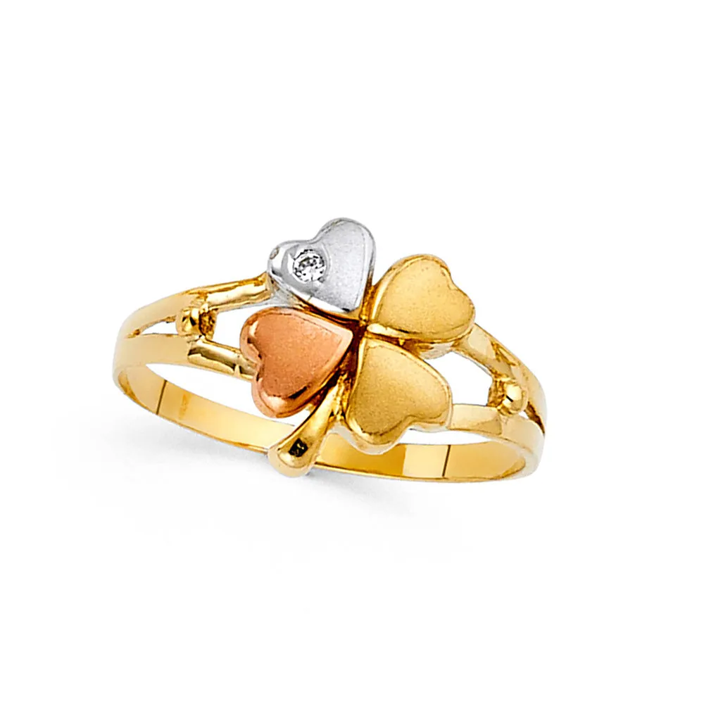 14K Tri Color Gold Cubic Zirconia Fancy Clover Ring