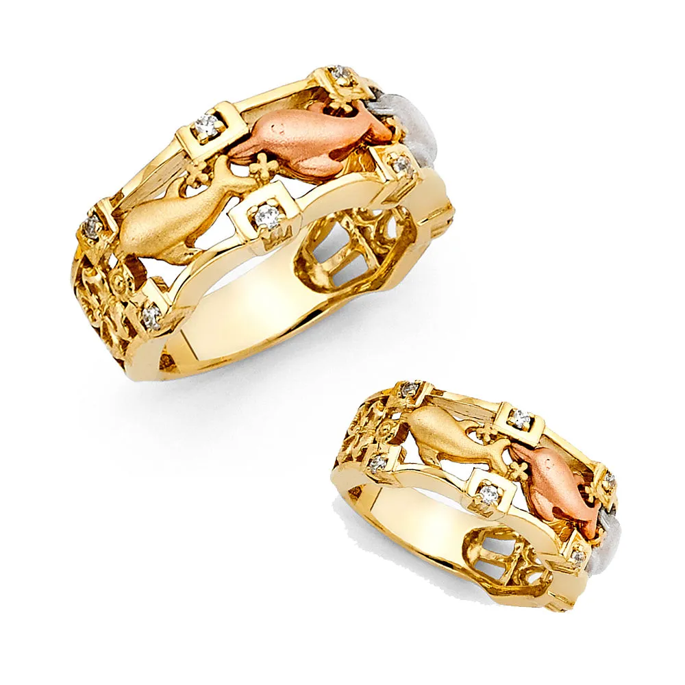14K Tri Color Gold Cubic Zirconia Fancy Dolphin Ring