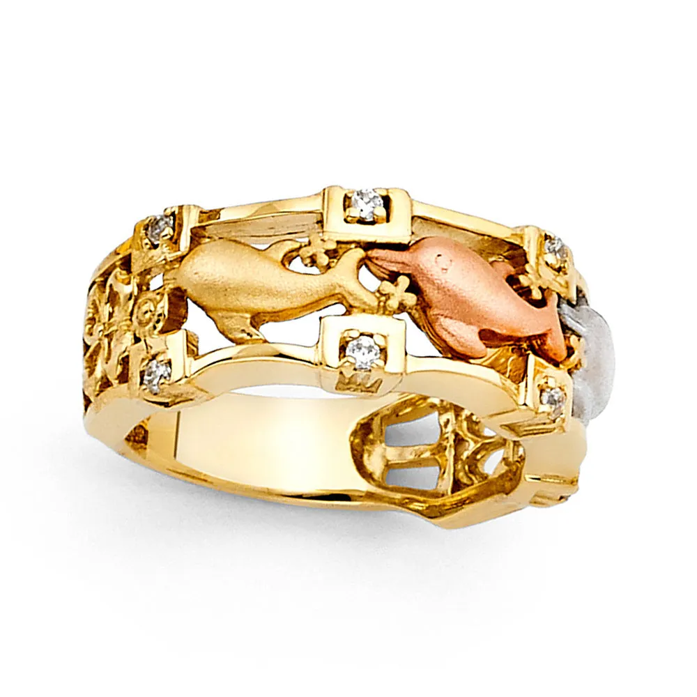 14K Tri Color Gold Cubic Zirconia Fancy Dolphin Ring
