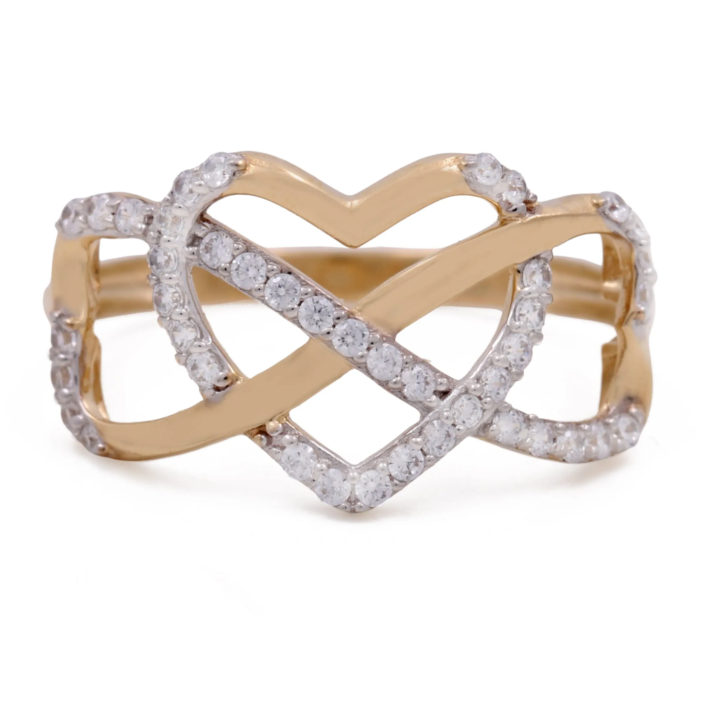 14K Yellow God Heart Ring with Cubic Zirconias