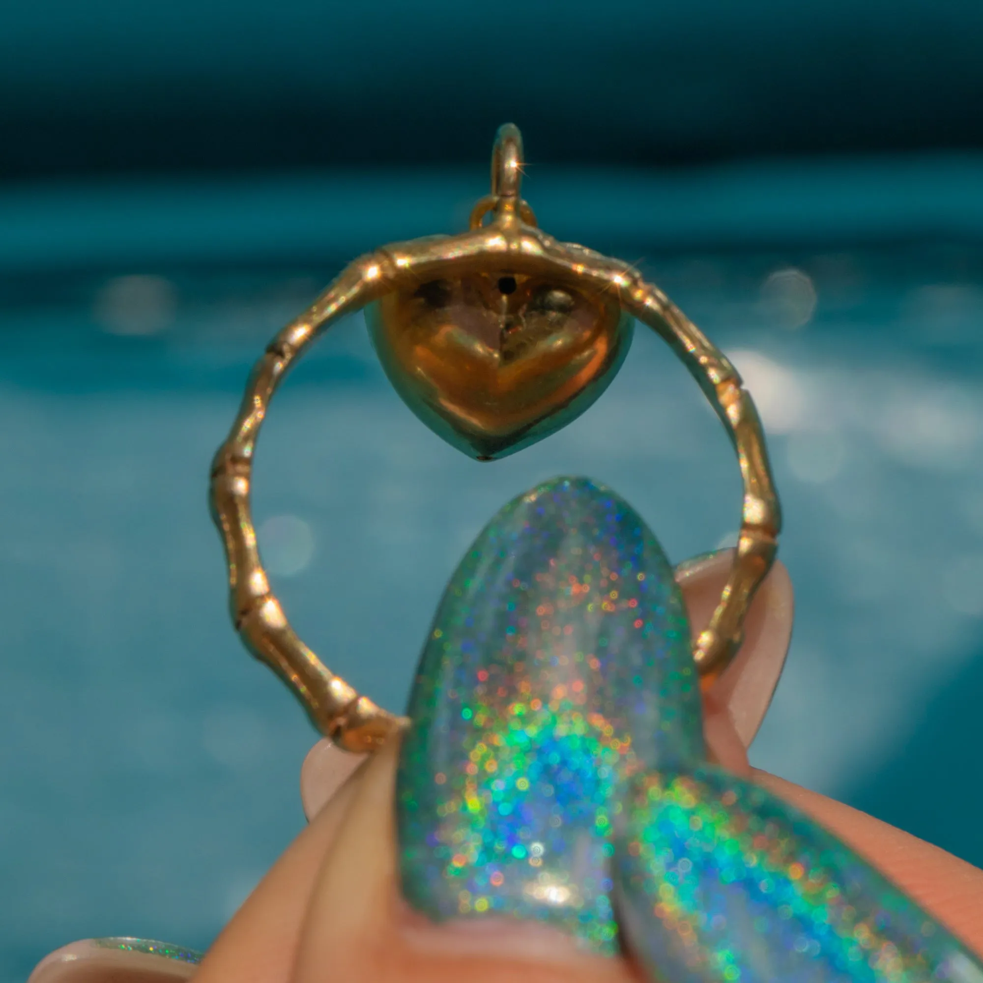15ct Gold Bamboo Ring with Pearl Heart Charm