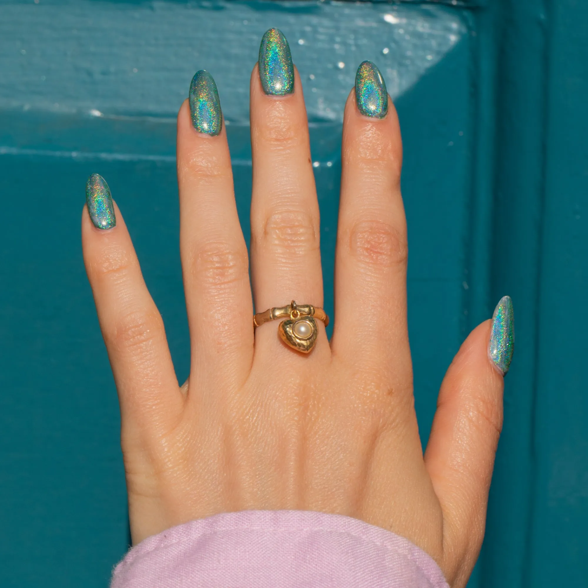 15ct Gold Bamboo Ring with Pearl Heart Charm