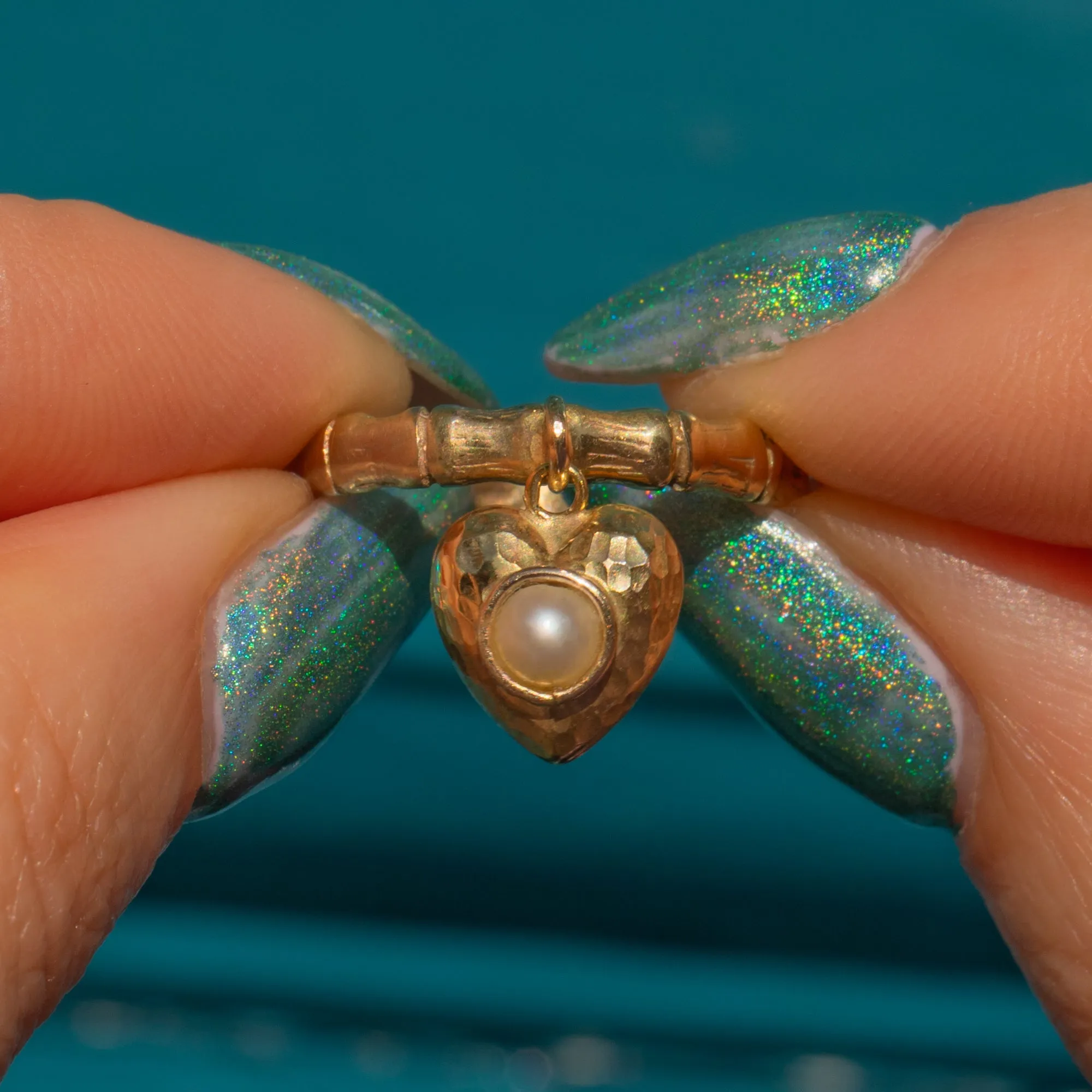 15ct Gold Bamboo Ring with Pearl Heart Charm