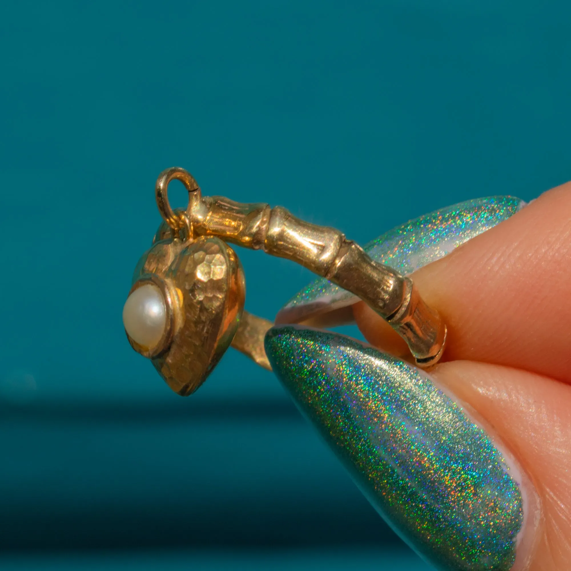 15ct Gold Bamboo Ring with Pearl Heart Charm