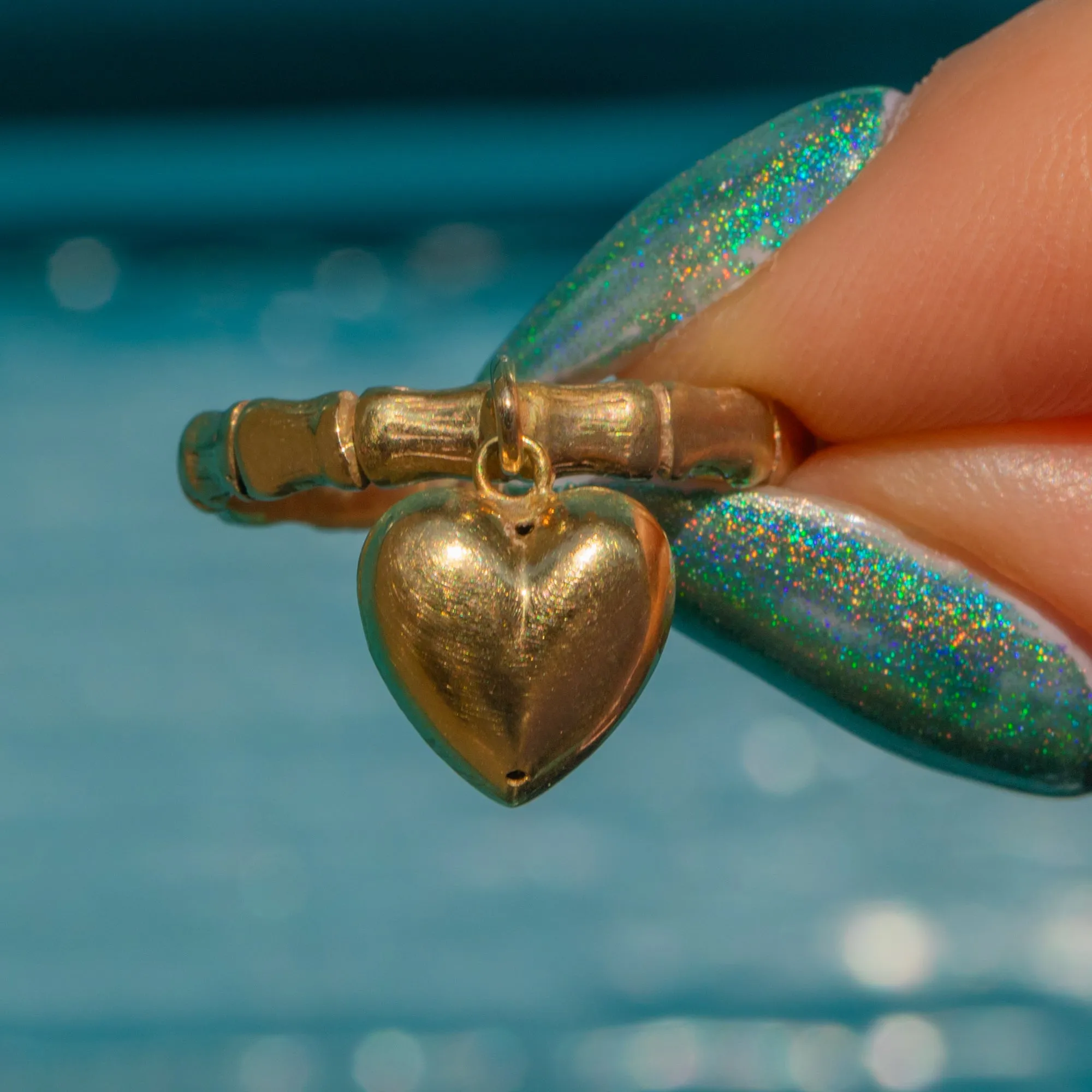 15ct Gold Bamboo Ring with Pearl Heart Charm
