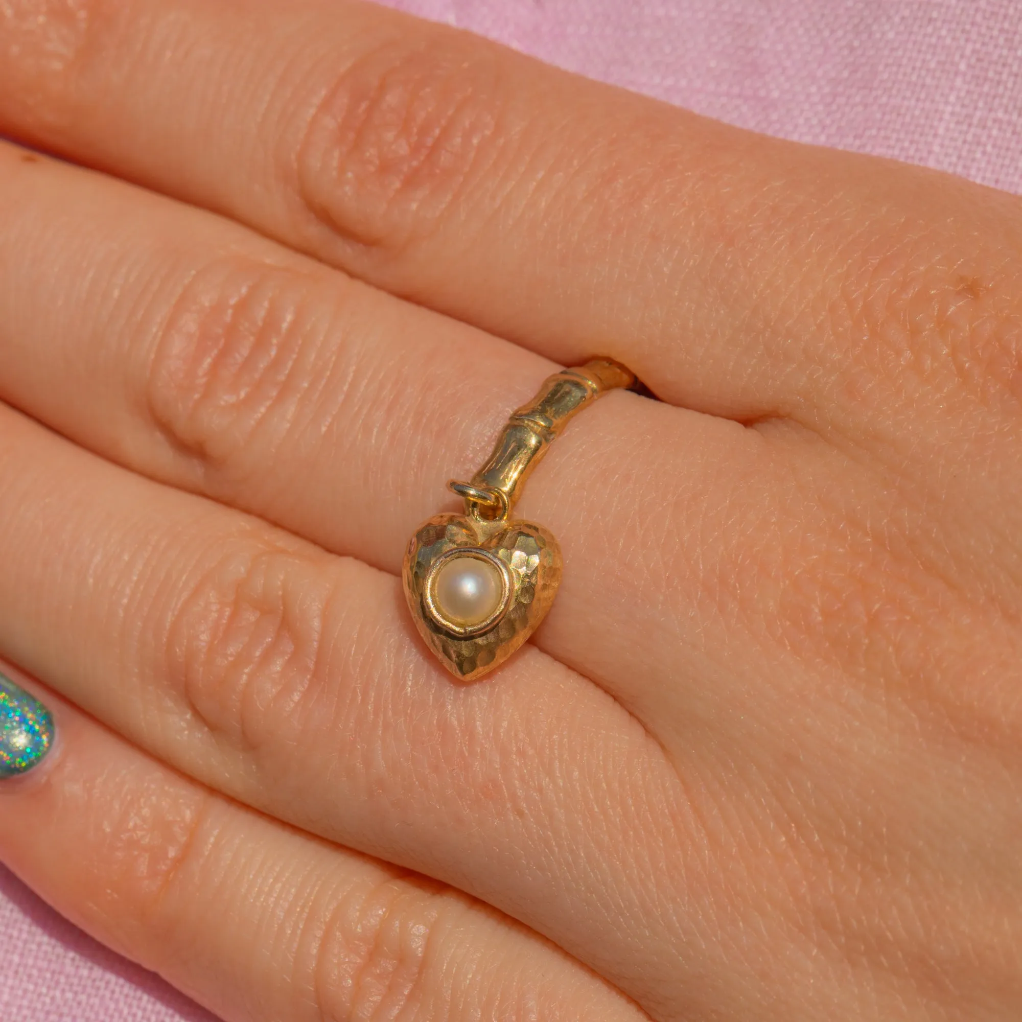 15ct Gold Bamboo Ring with Pearl Heart Charm