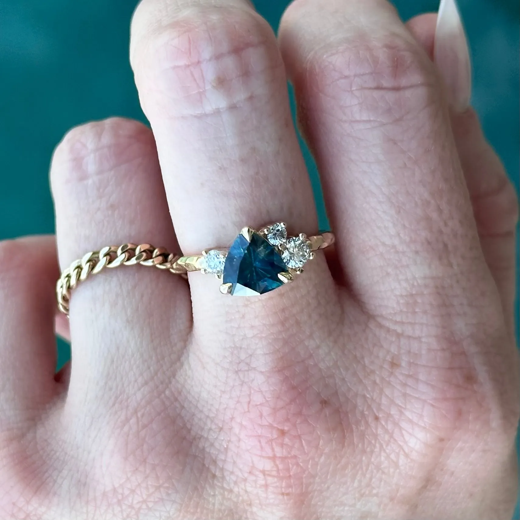 1.76ct Trillion Ocean Blue Montana Sapphire and Natural Diamond Mountainscape Ring in 14k Yellow Gold