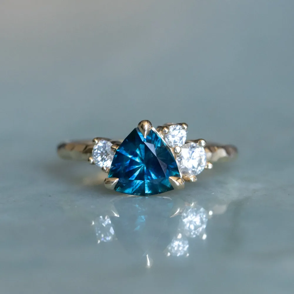1.76ct Trillion Ocean Blue Montana Sapphire and Natural Diamond Mountainscape Ring in 14k Yellow Gold