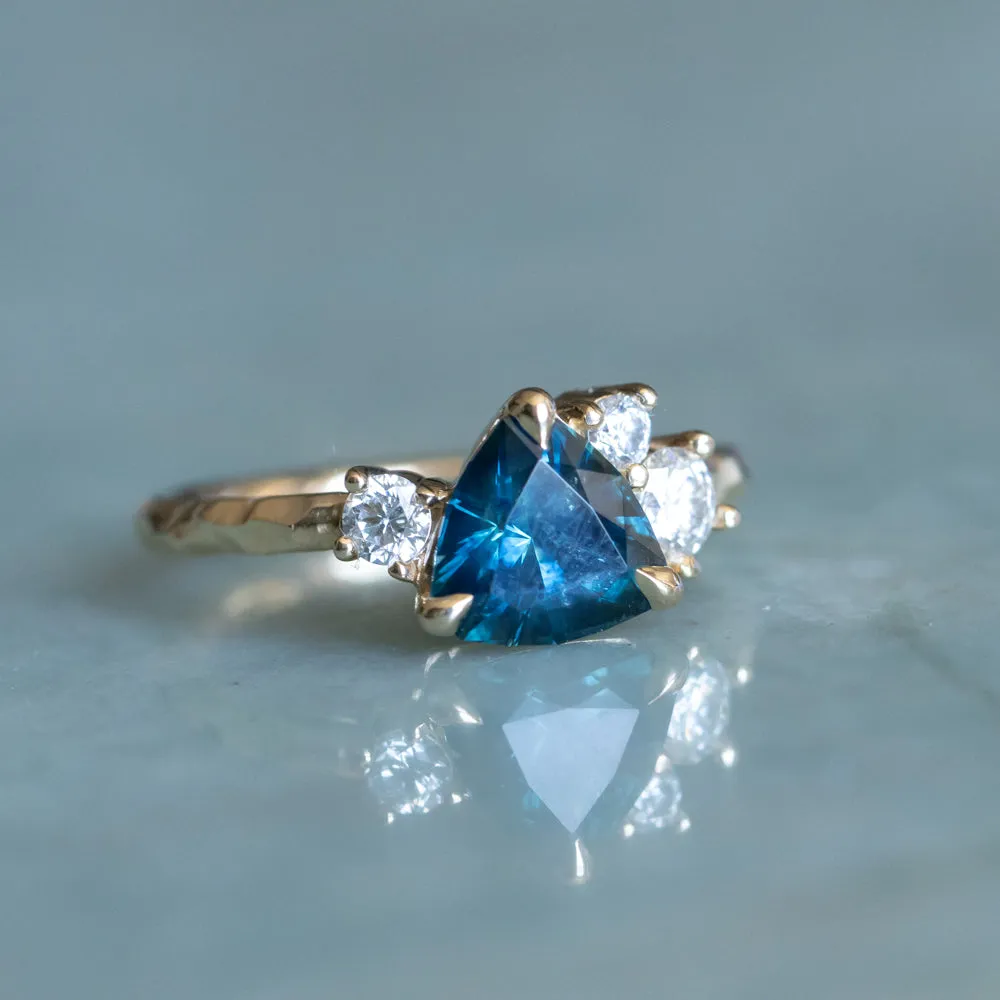 1.76ct Trillion Ocean Blue Montana Sapphire and Natural Diamond Mountainscape Ring in 14k Yellow Gold