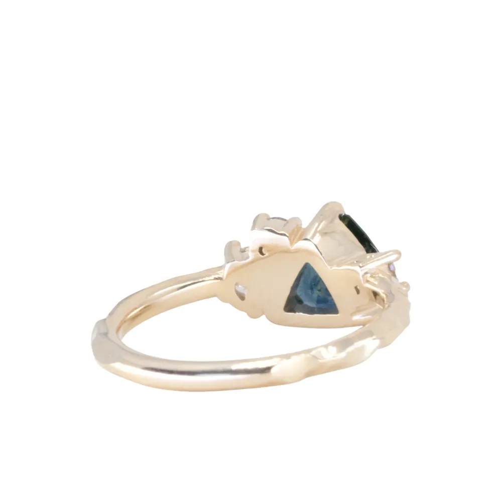 1.76ct Trillion Ocean Blue Montana Sapphire and Natural Diamond Mountainscape Ring in 14k Yellow Gold