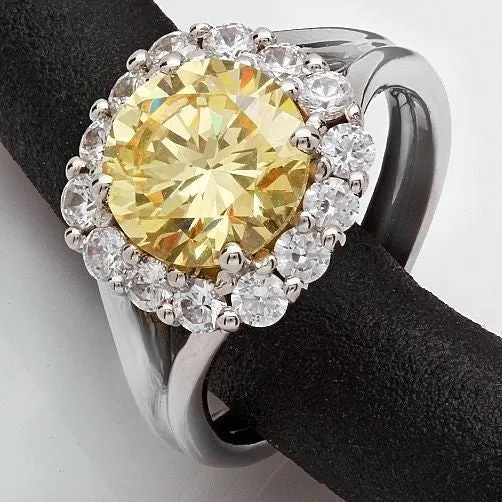 2.5 Round Canary Center Stone Halo Split Shank 14K White Gold Cubic Zirconia Ring