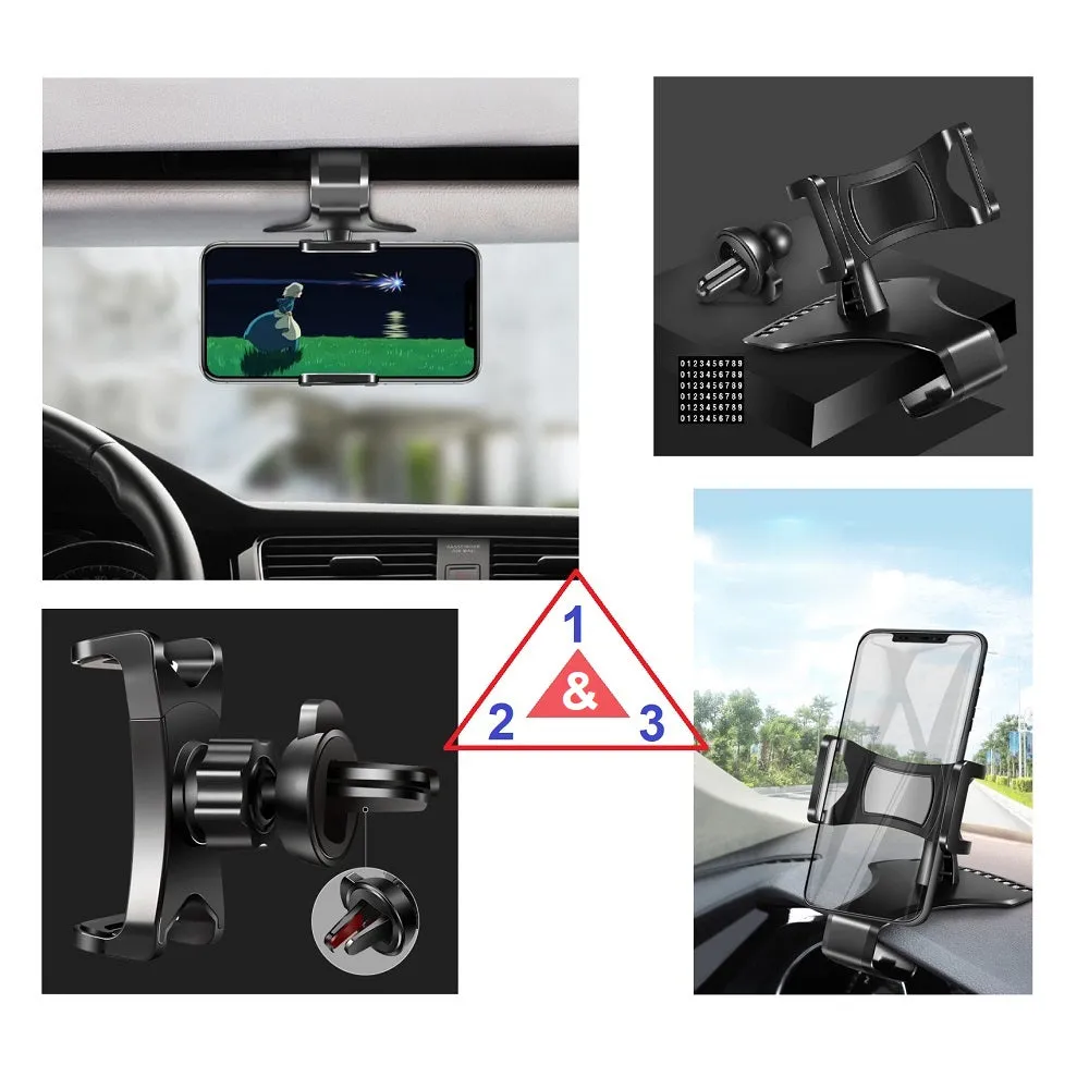 3 in 1 Car GPS Smartphone Holder: Dashboard / Visor Clamp   AC Grid Clip for LG SP320 X Series X Charge TD-LTE (LG MLV7N) - Black