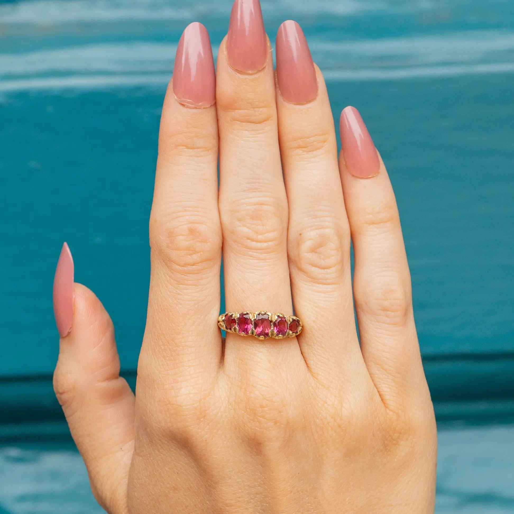 9ct Gold Pink Garnet Five Stone Ring