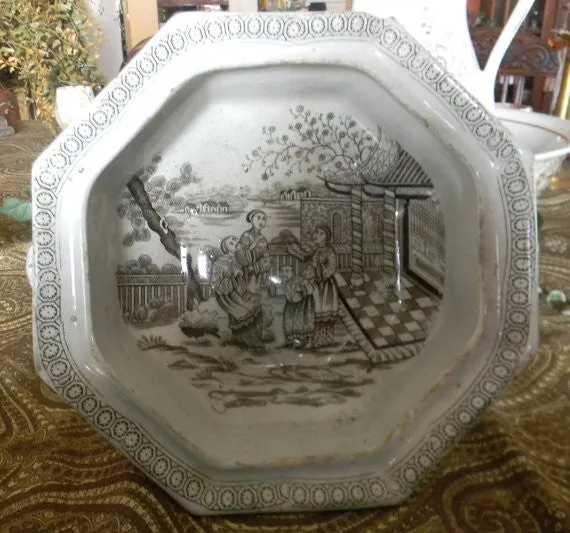 Antique Brown Staffordshire Transferware Handled Footed Bowl Chinese Motif RARE