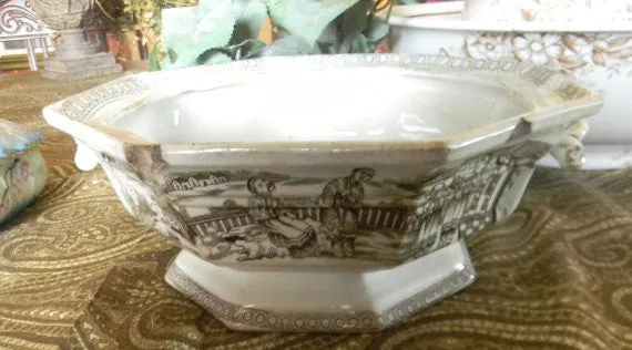 Antique Brown Staffordshire Transferware Handled Footed Bowl Chinese Motif RARE