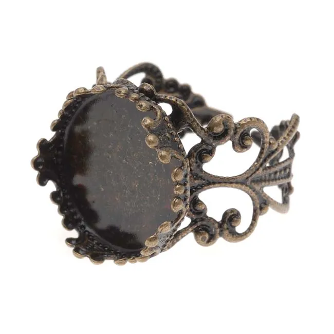 Antiqued Brass Filigree Adjustable Ring With 15mm Round Bezel (1 pcs)