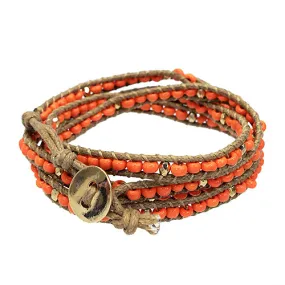 Beaded Brown String Cord with Button Knot Closure Wrap Bracelet Orange