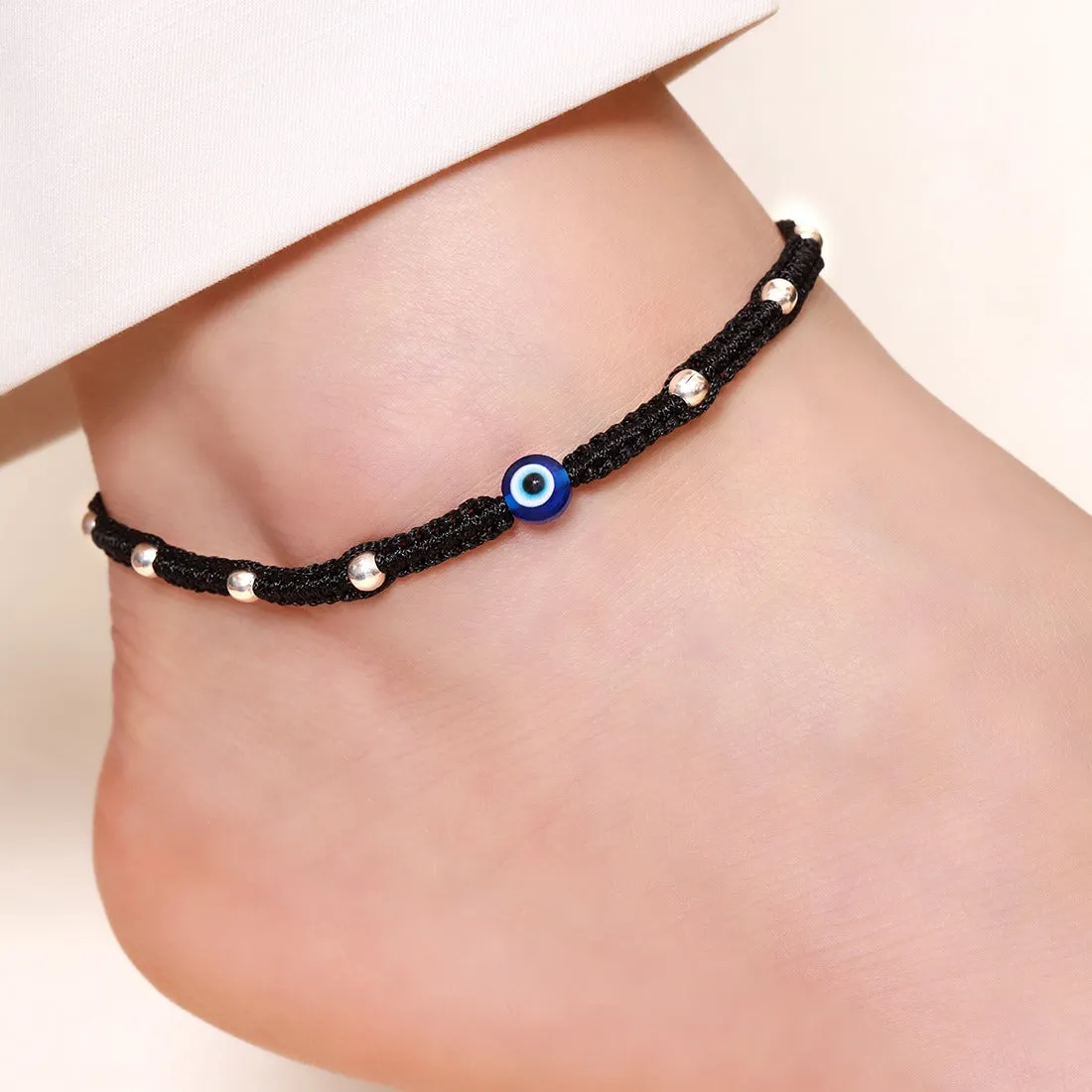 Beaded Evil Eye 925 Sterling Silver Thread Anklet