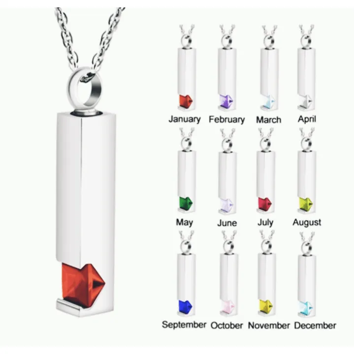 Birthstone Memorial Keepsake Necklace Urn Compartment Jewelry Stainless Steel 22 inch chain