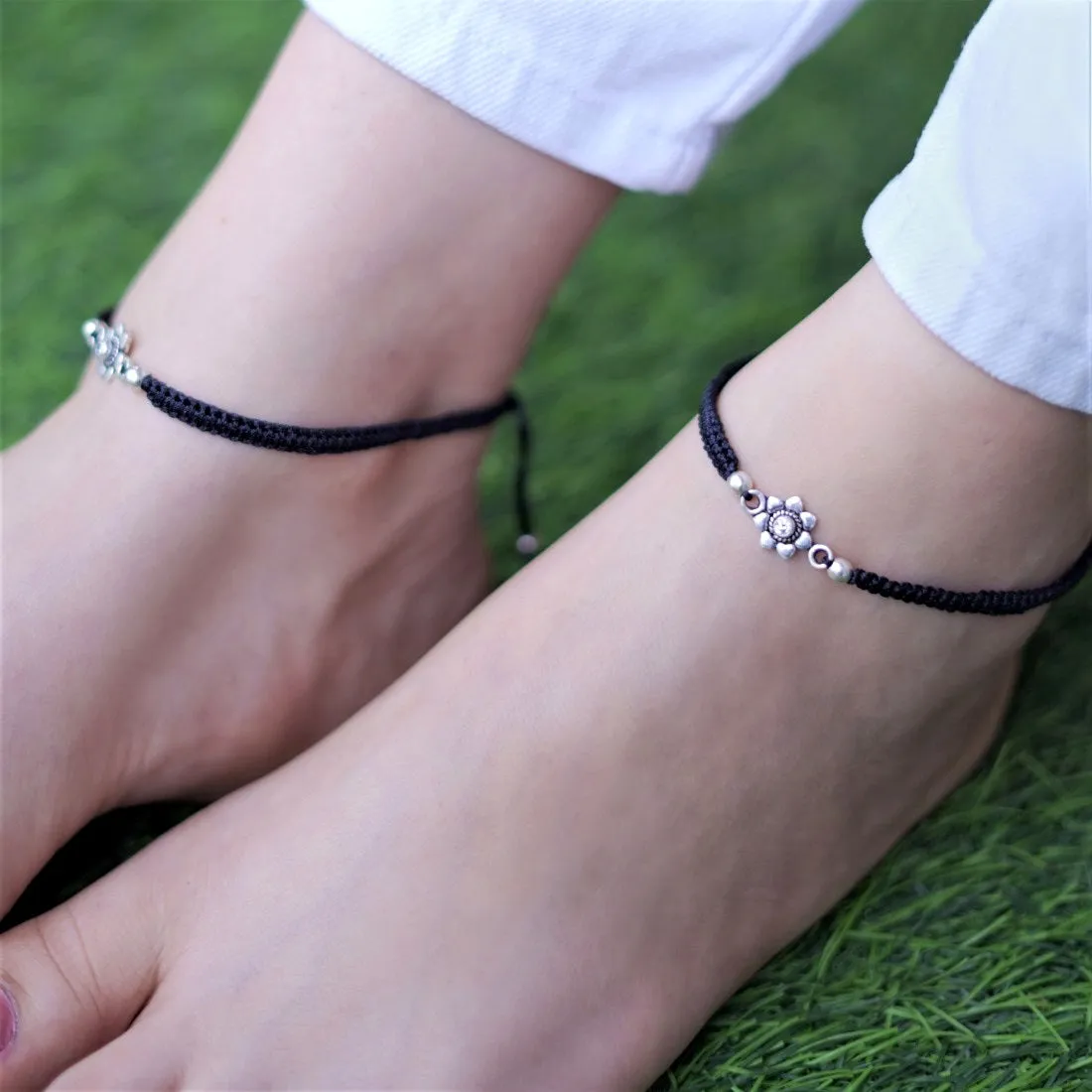 Black Thread Flower 925 Sterling Silver Anklet
