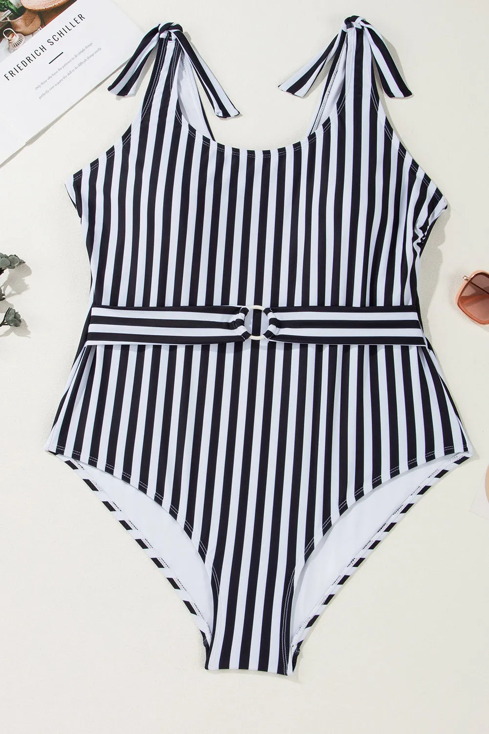 Blue Zone Planet |  Black Stripe Plus Size Self Tie Straps O-Ring Waistband One Piece Swimsuit