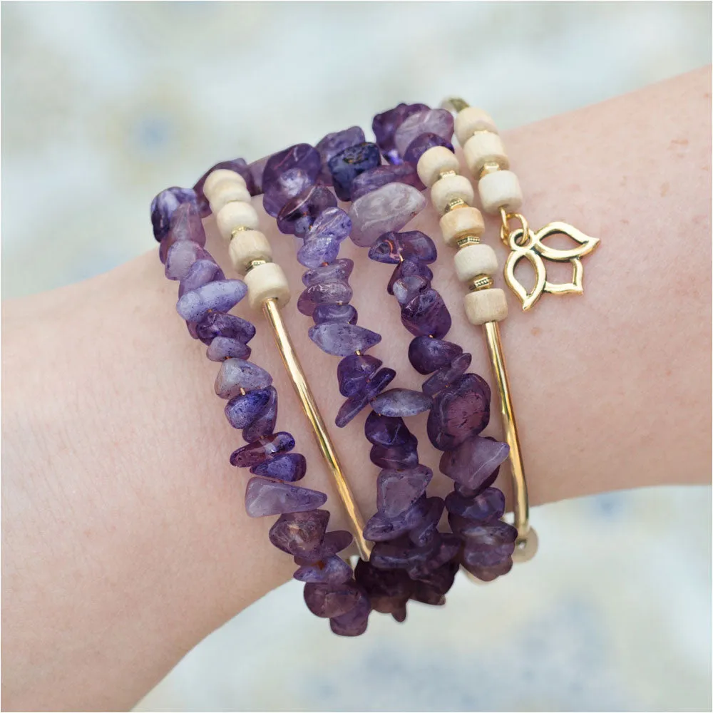Boho Gold & Amethyst Gemstone Memory Wire Bracelet - Exclusive Beadaholique Jewelry