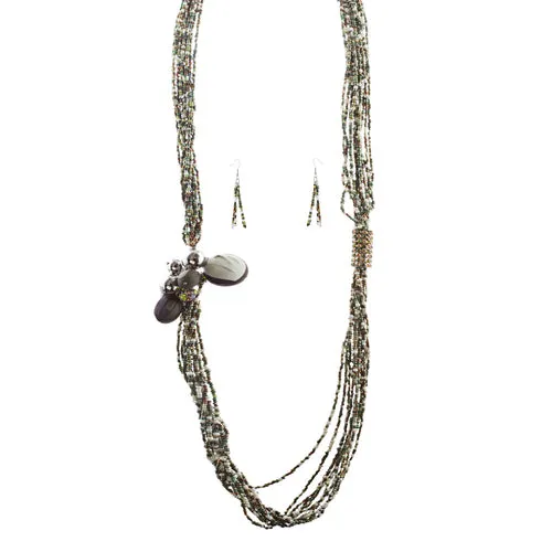 Camouflage Design Seed Bead Long Necklace Earring Set