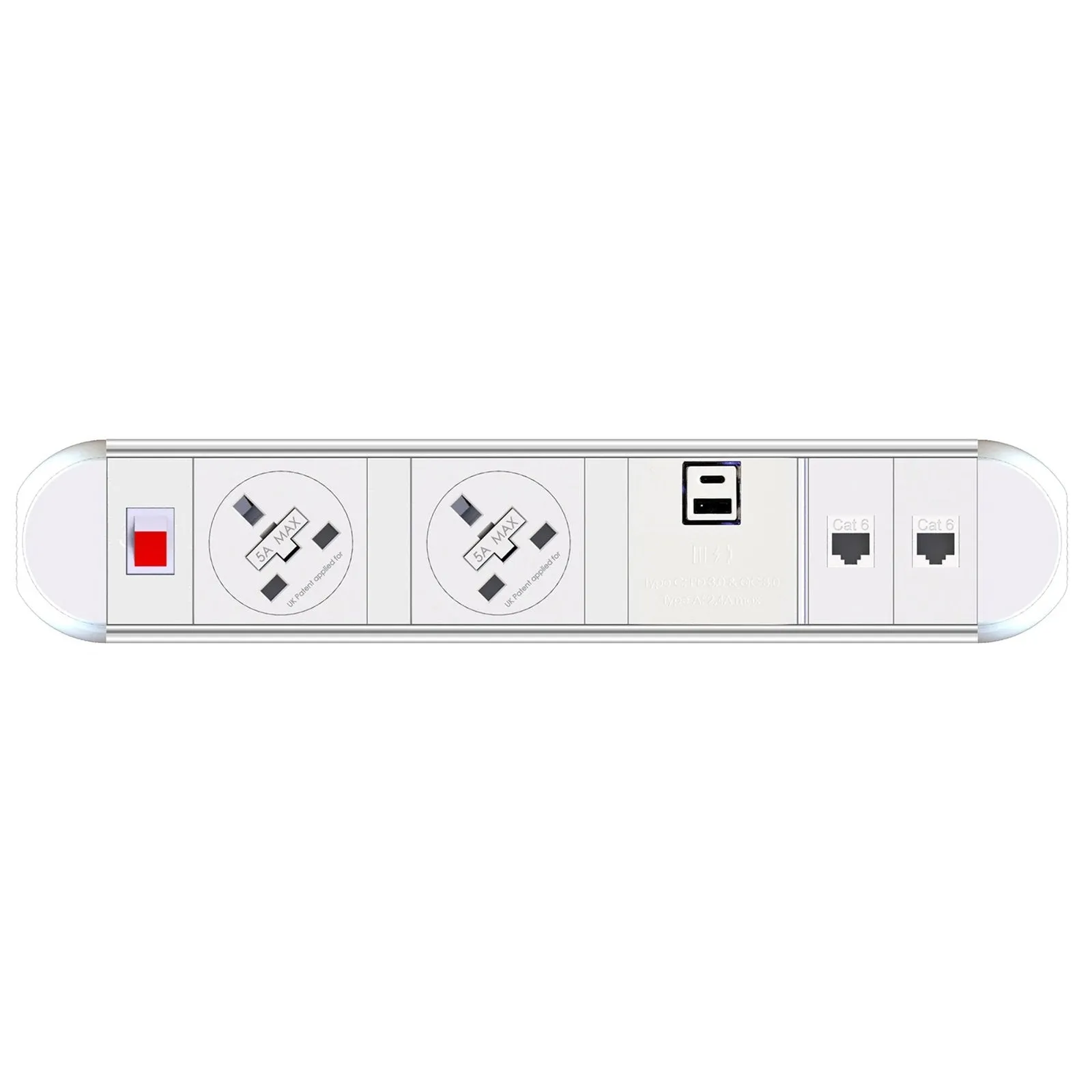 Chroma clip-on power module 2 x UK sockets, 1 x twin USB fast charge, 2 x RJ45 sockets