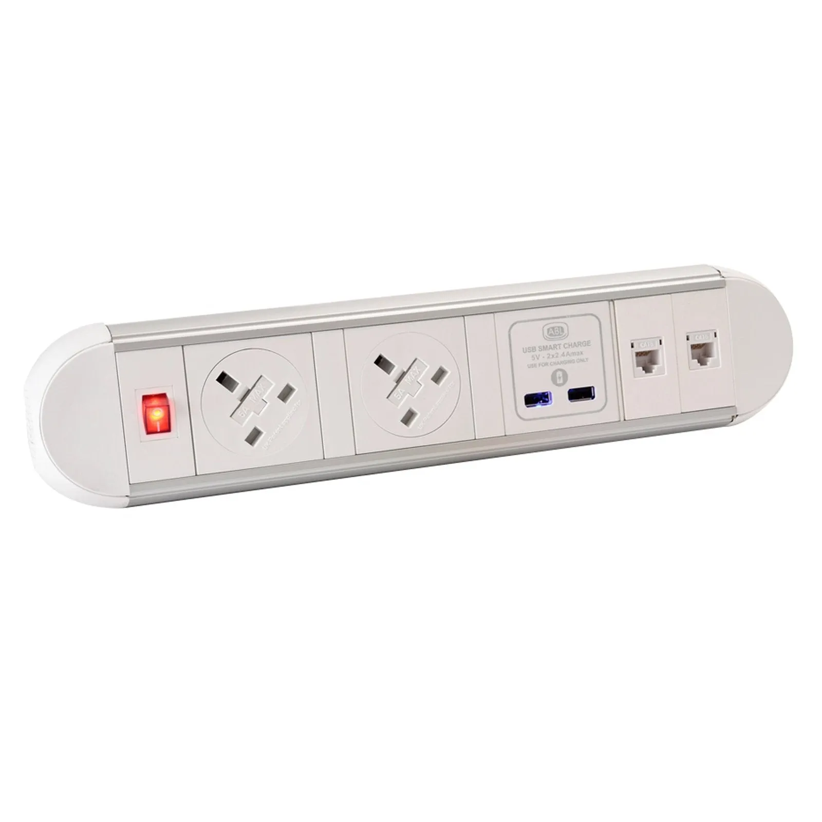 Chroma clip-on power module 2 x UK sockets, 1 x twin USB fast charge, 2 x RJ45 sockets