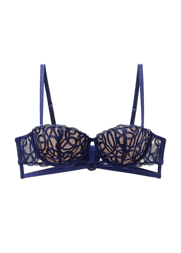 CLAIR Plus Navy Blue Lace Underwired Molded Cup Balconette Demi Long Bra
