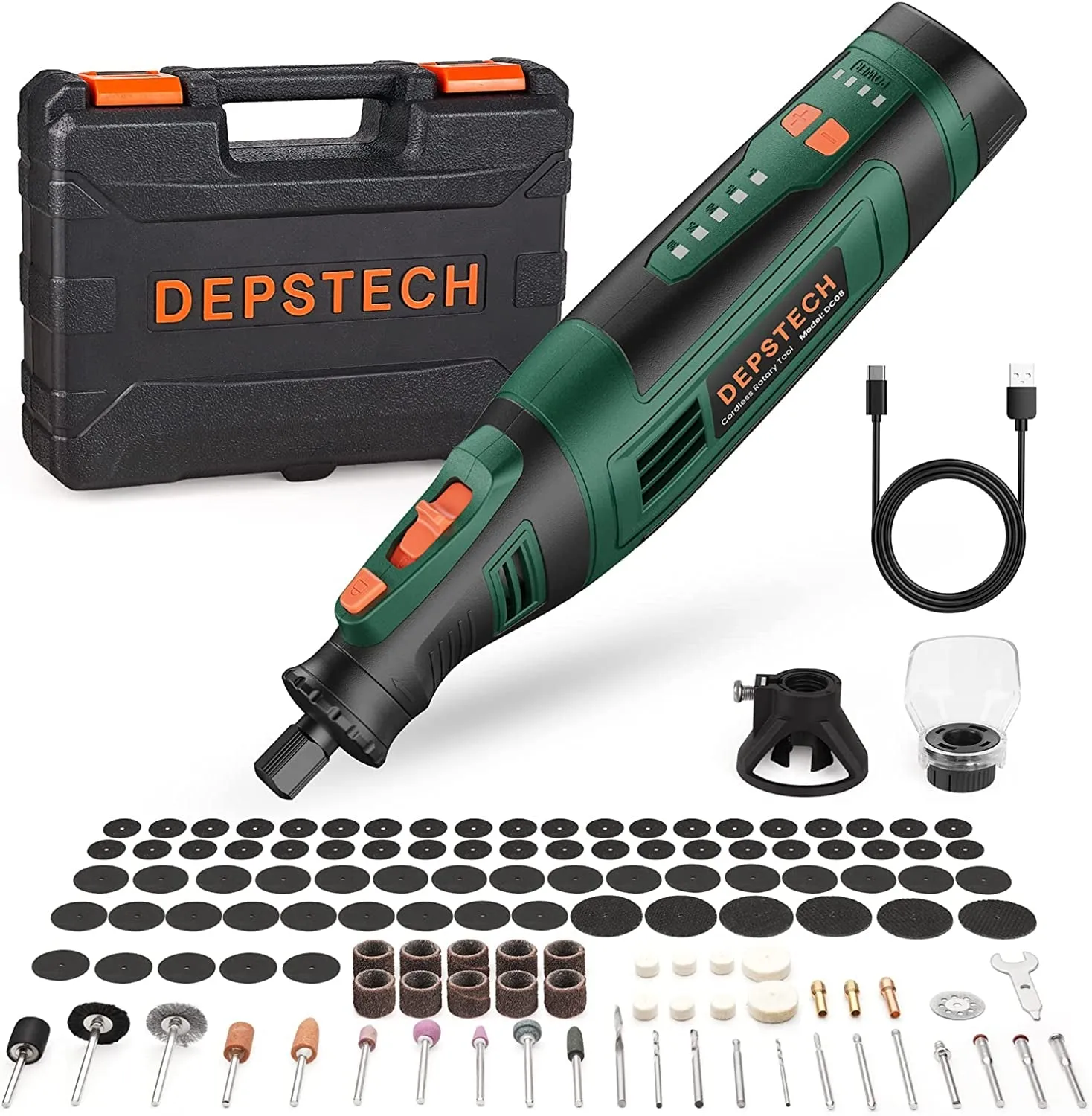 Cordless Rotary Tool, 2.0 Ah 8V Rechargeable Multi Tool Kit 5 Speed 30000RPM, 127Pcs Accessories Set, Power Rotary Tools for Carving, Cutting, Sanding, Drilling, Polishing and DIY Crafts-DC08
