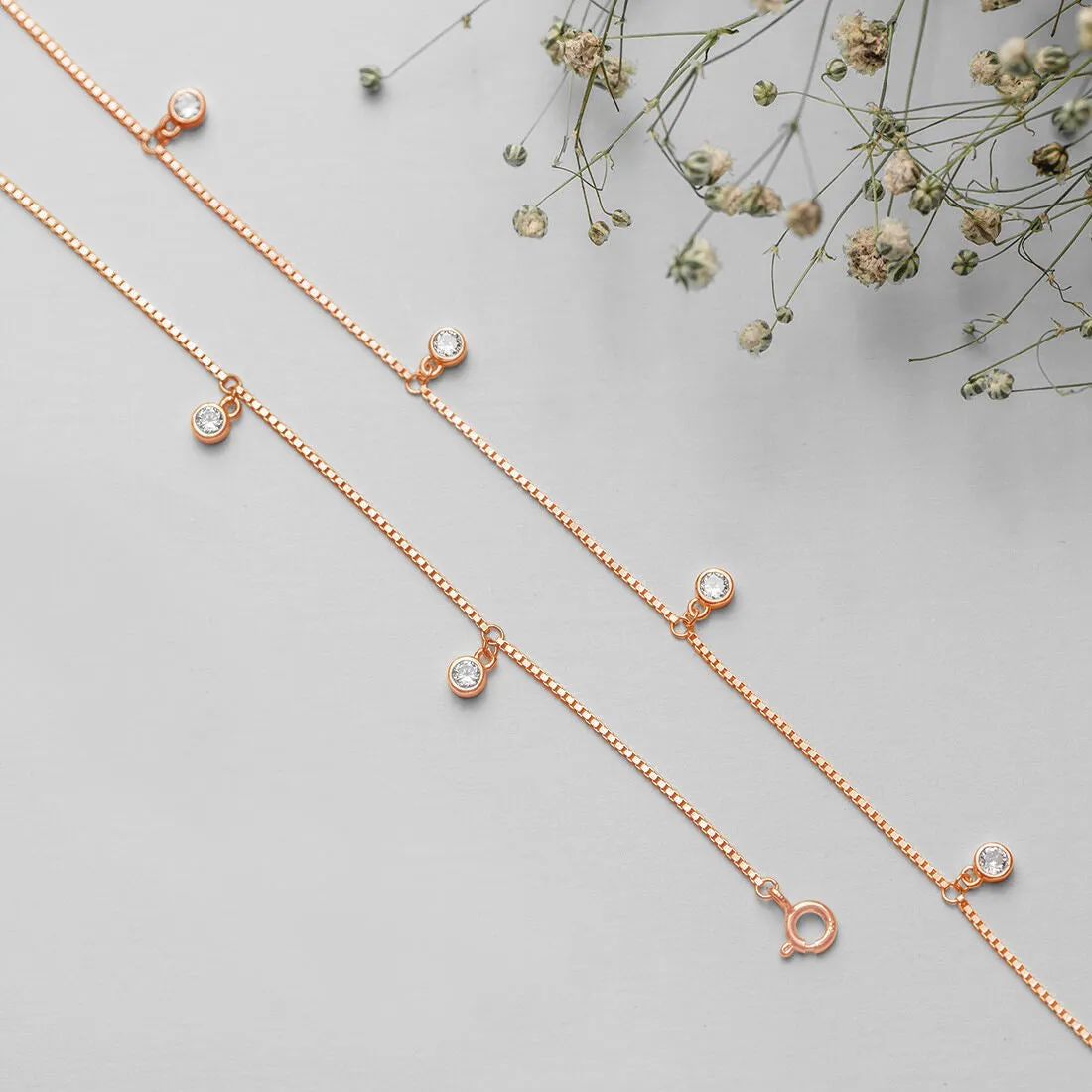 Drop CZ Rose Gold Plated 925 Sterling Silver Anklet