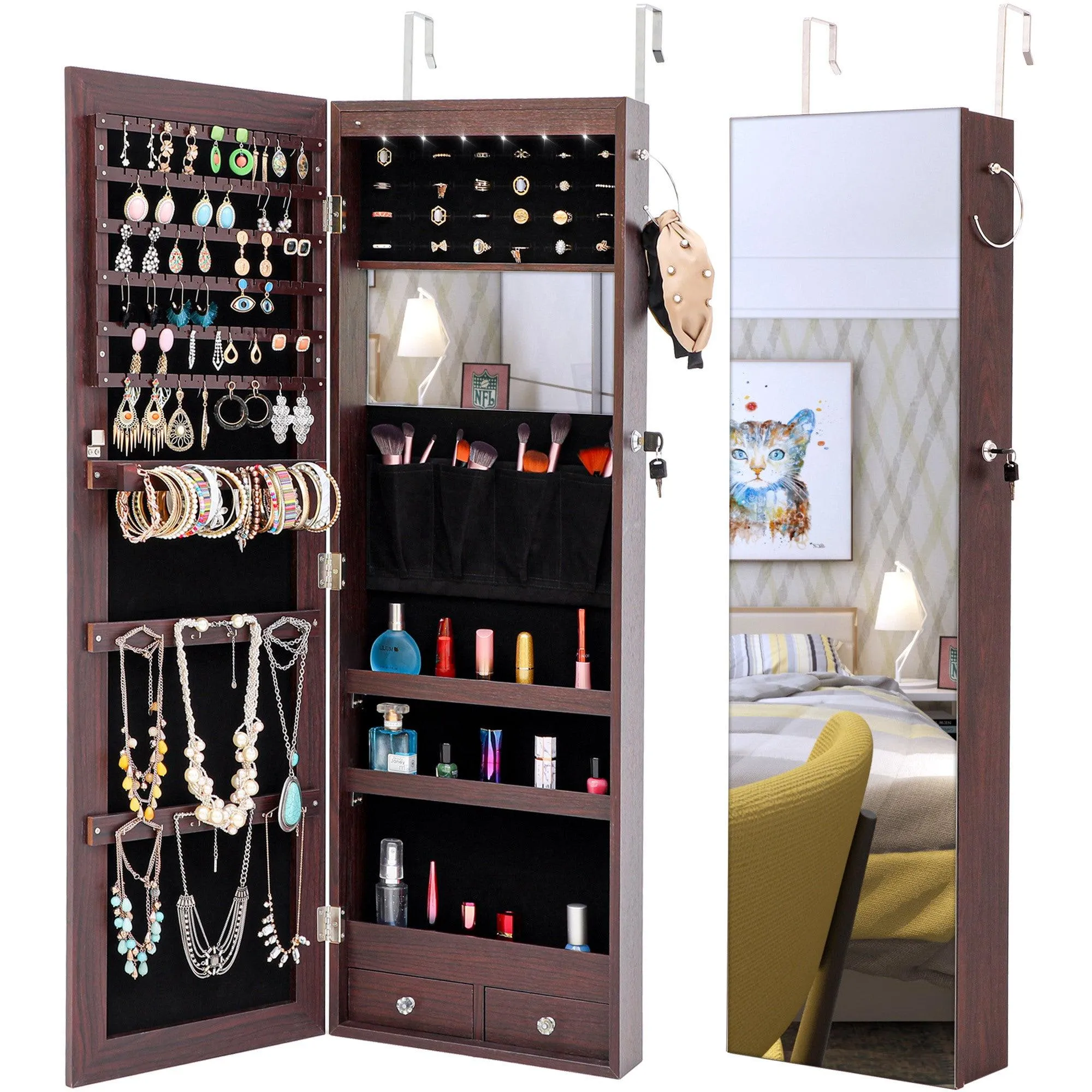 Fashion Simple JewelryStorage Mirror Cabinet With LED Lights Can Be Hung On The Door Or Wall