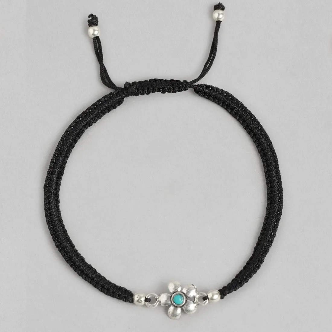 Floral Blue Rhodium Plated 925 Sterling Silver Thread Anklet