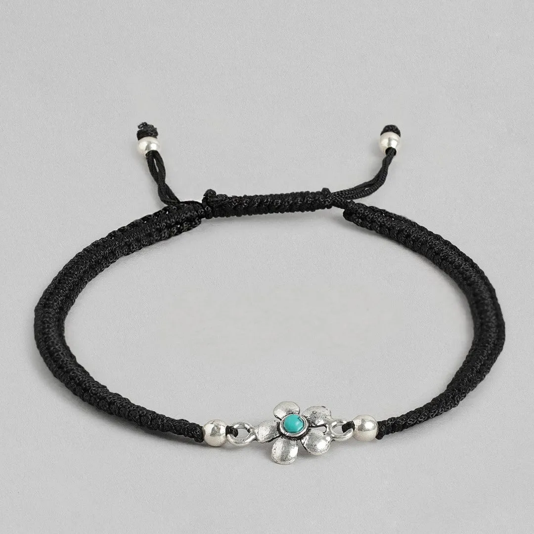 Floral Blue Rhodium Plated 925 Sterling Silver Thread Anklet