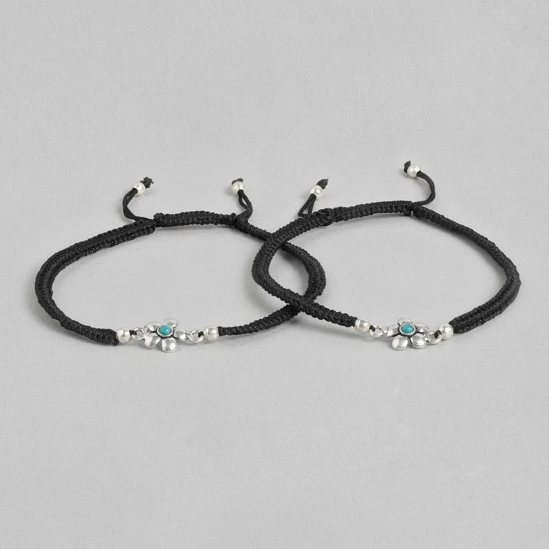 Floral Blue Rhodium Plated 925 Sterling Silver Thread Anklet