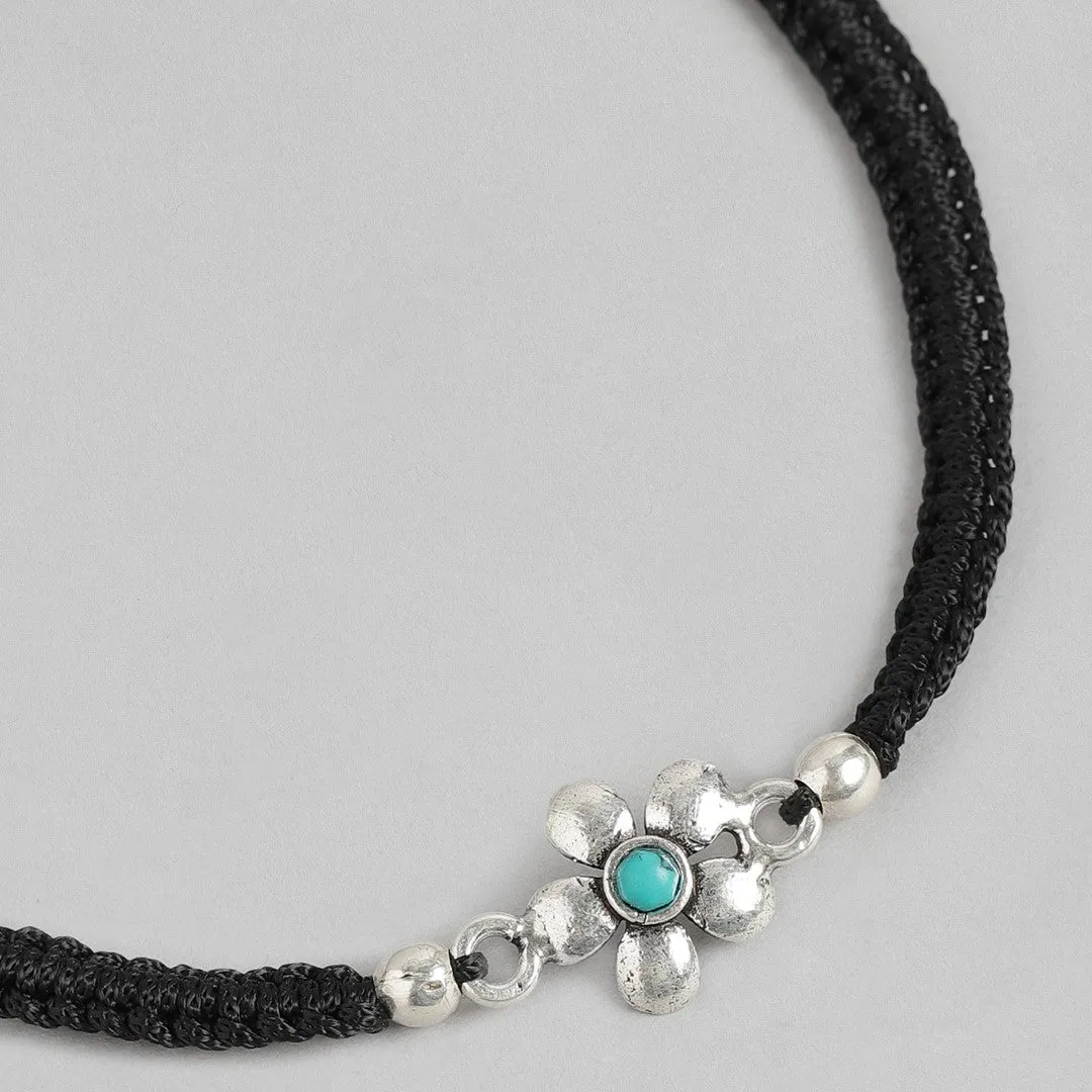 Floral Blue Rhodium Plated 925 Sterling Silver Thread Anklet