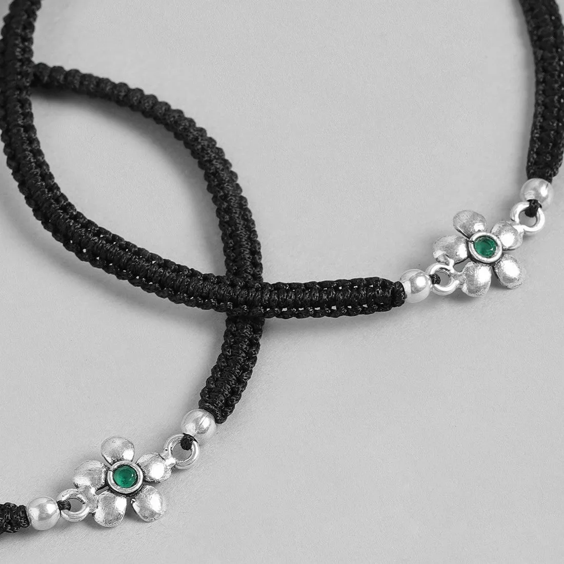 Floral Green Stone Rhodium Plated 925 Sterling Silver Anklet