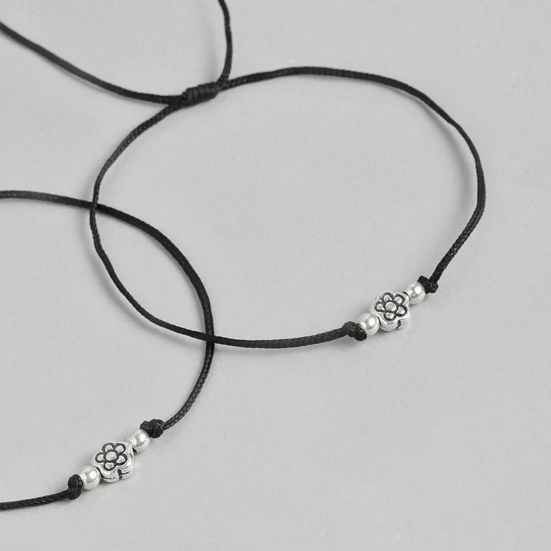 Floral Rhodium Plated 925 Sterling Silver Thread Anklet