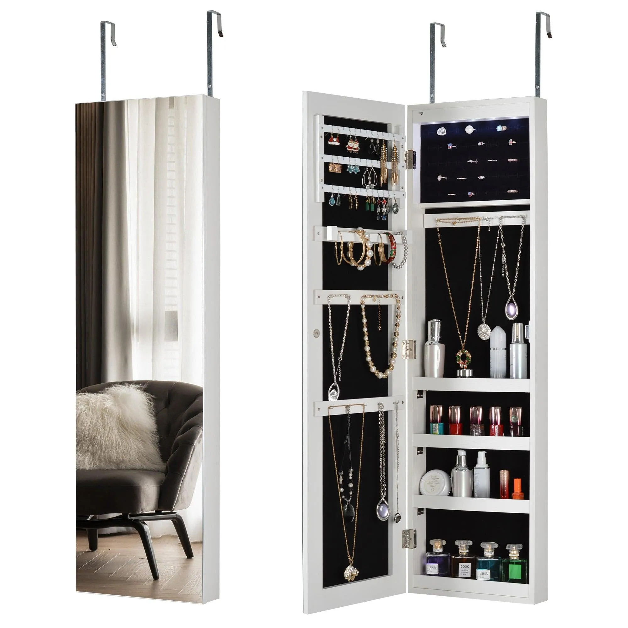 Full Mirror Fashion Simple JewelryStorage Cabinet  With Led Light  Can Be Hung On The Door Or Wall