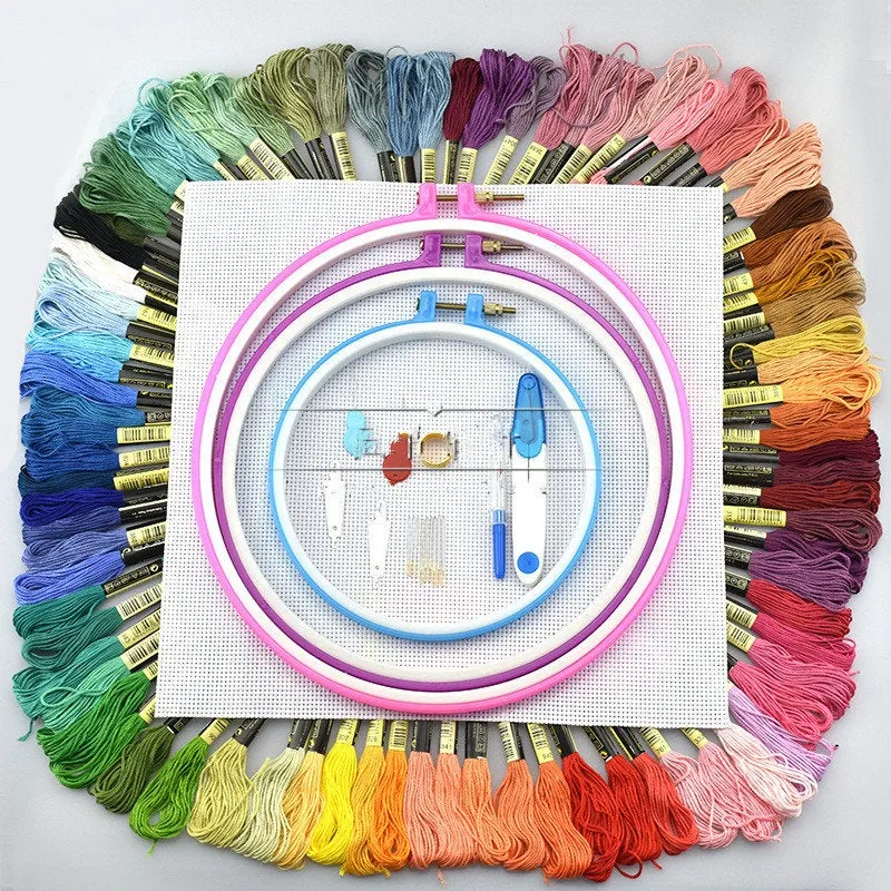 Full Set of Embroidery Thread Skeins - 100 Pieces - Various Colours - Pen Needle Plastic Hoop Set Kit Thread Punch Stitching Knitting