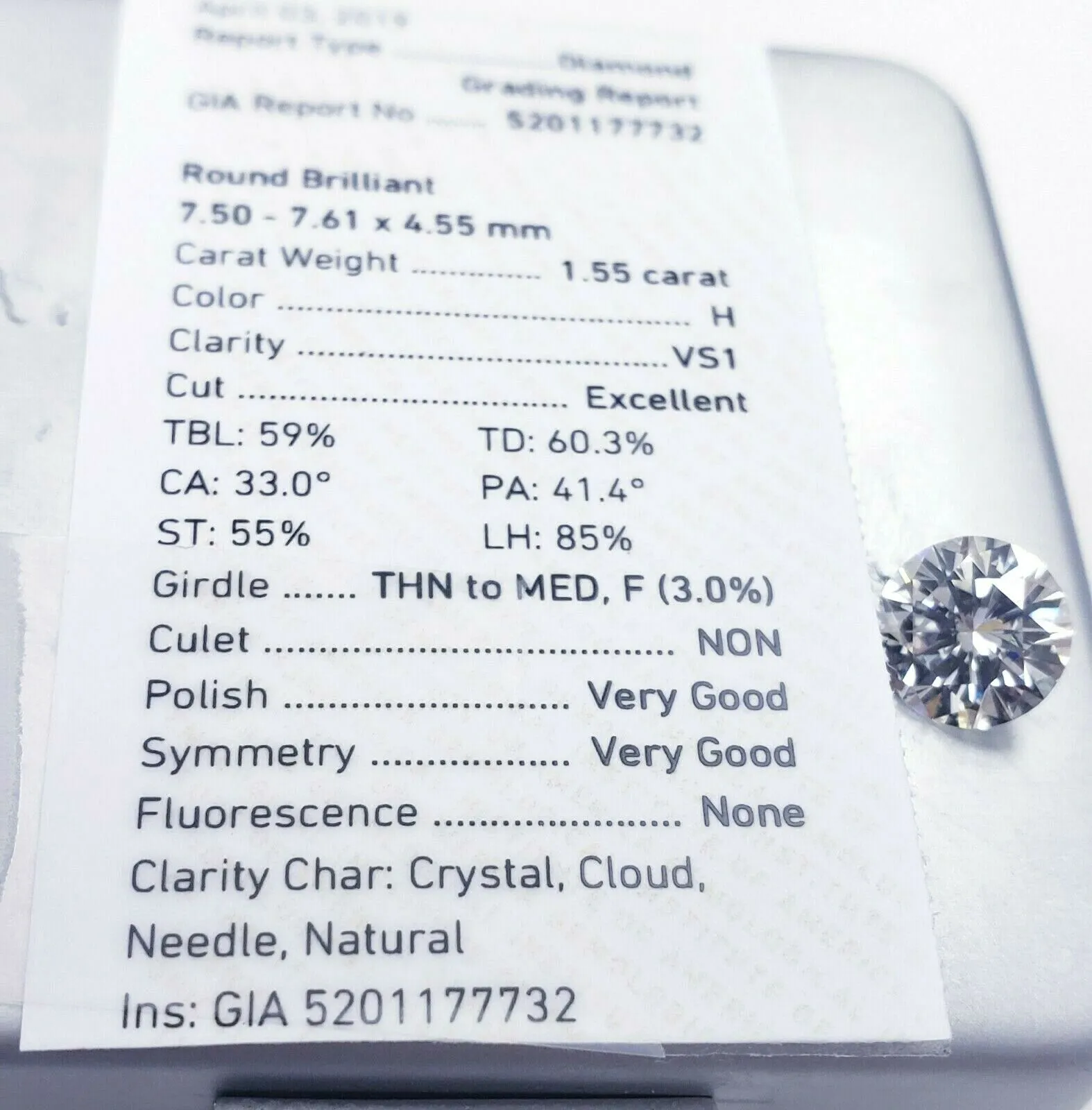 Guinness 1.55 CT H VS1 Natural Loose Diamond GIA Certified Round Cut Brilliant